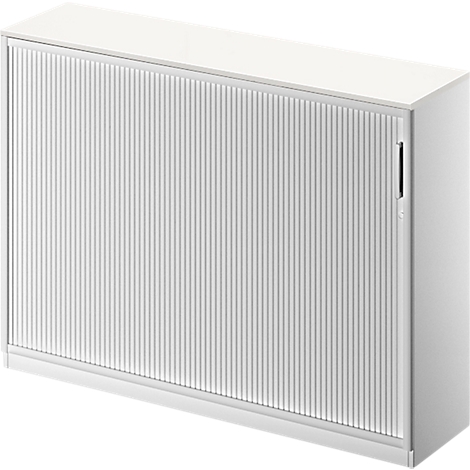 White cabinet with ribbed front, handle and a brighter light line.