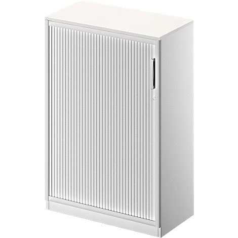 White filing cabinet with slatted roller shutter. Vertical handle, lower baseboard.