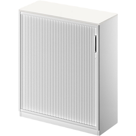 White filing cabinet with slatted doors.