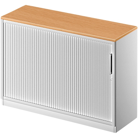 White cabinet with wooden top and slatted door.