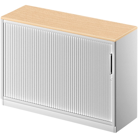 Grey office cabinet with wooden top. Vertical, ribbed structure of the door. Rectangular shape with handle.