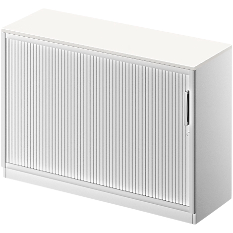 White roller shutter cabinet with vertical grooves. A narrow handle is visible on the right side.
