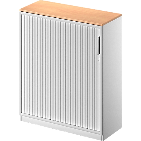 White filing cabinet with wooden top and ribbed door. Handle on the side.