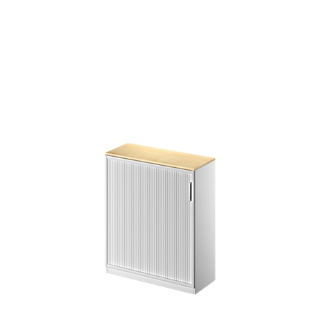 A white cabinet with a ribbed door and light brown top panel, against a white background.