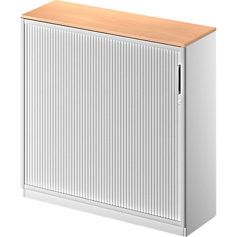 White cabinet with light wood top. The facade has vertical ribs, the door has a black handle.