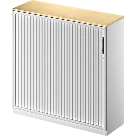 White cabinet with wooden top and ribbed doors. There is a handle on the right side.