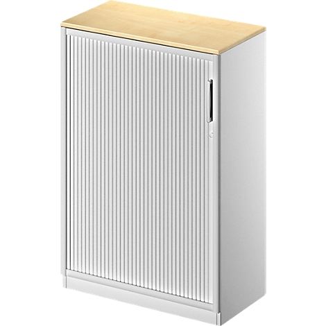 White cabinet with wooden top and slatted door. The handle is black.
