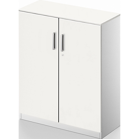 White cabinet with two doors and silver handles. The door is slightly closed.