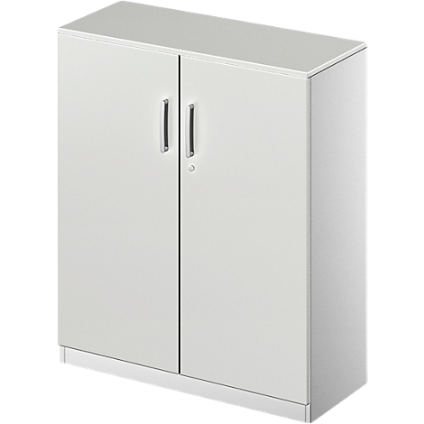 Cabinet with two doors, silver handles and a keyhole.