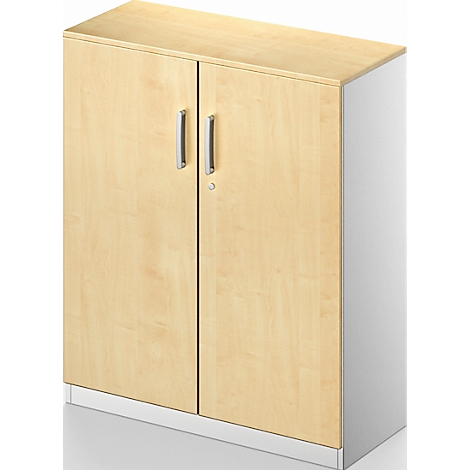 Cabinet with two doors and silver handles, light wood, and white side panel.