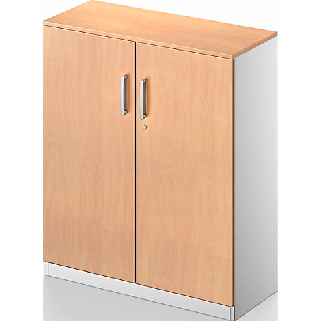 Light brown cabinet with two doors, silver handles and lock.