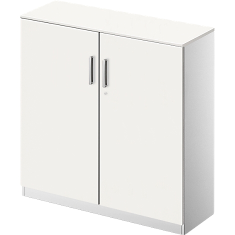 White cabinet with two doors and silver handles.