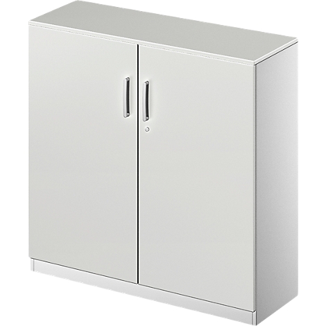 White cabinet with two doors and silver handles, standing on a base.