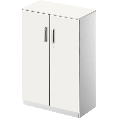 White cabinet with two doors and metal handles.