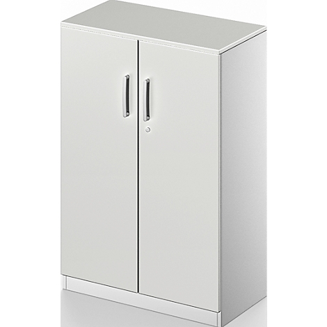 White cabinet with two doors, silver handles, and a lock.
