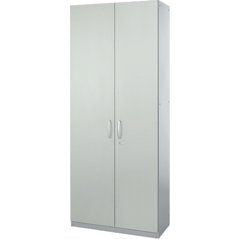 A gray cabinet with two doors, handles and a lock. Standing upright.