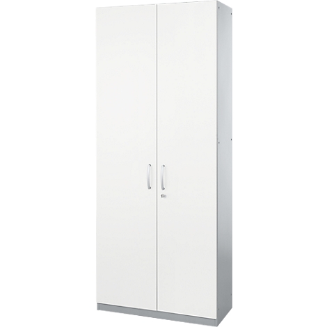 White tall cabinet with two doors. Silver handles and gray base.