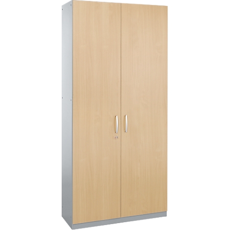 A wooden cabinet with two doors, two handles and a lock.