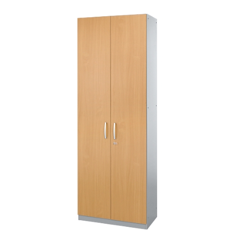 Tall wooden cabinet with two doors and silver handles.
