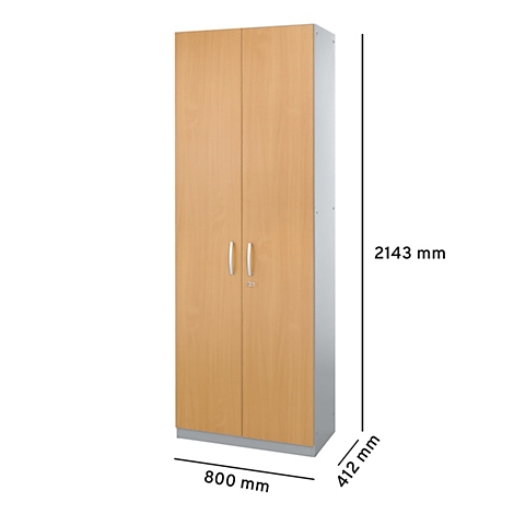 A tall cabinet made of light wood with double doors and metal handles. Dimensions: 800 x 412 x 2143 mm.