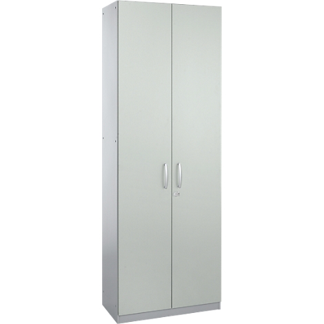 Light gray cabinet with two doors, silver handles, and a lock.