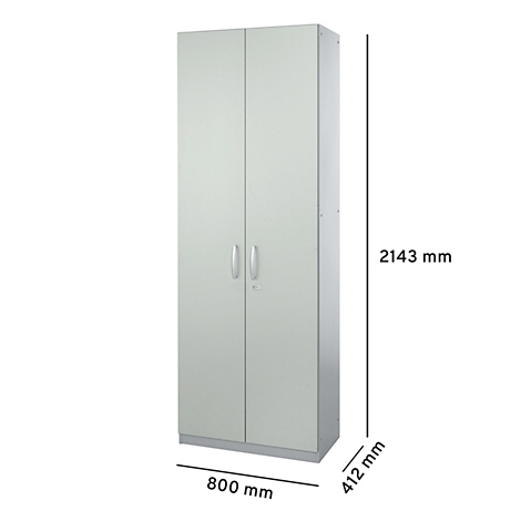 Light gray filing cabinet with two doors, silver handles and lock. Dimensions: 800 x 412 x 2143 mm.