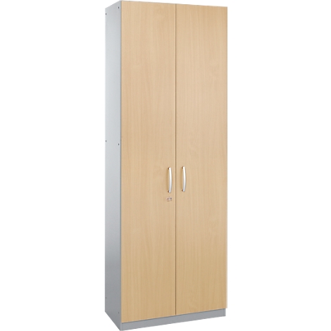A light brown cabinet with two doors, silver sides, and two oblong handles.