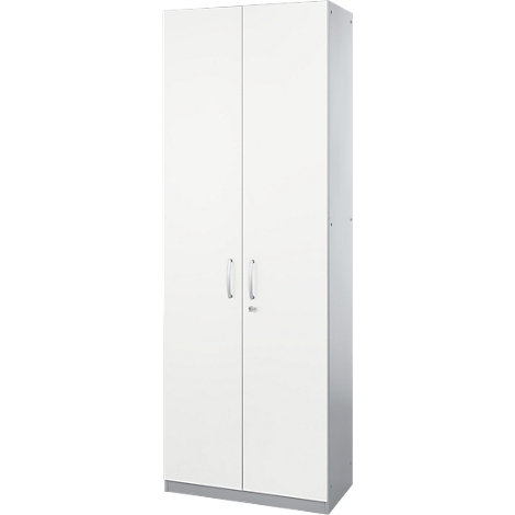White cabinet with two doors, silver handles and a silver base. The doors are closed.
