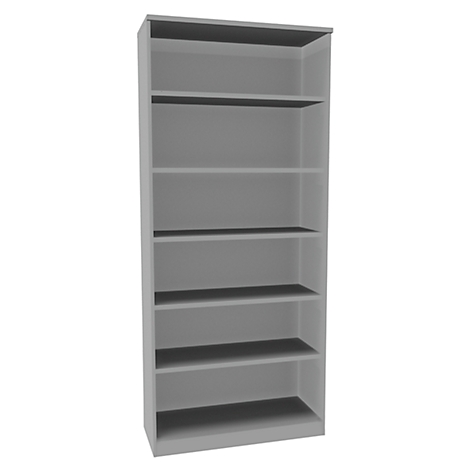 Gray bookshelf with six shelves, on a white background.
