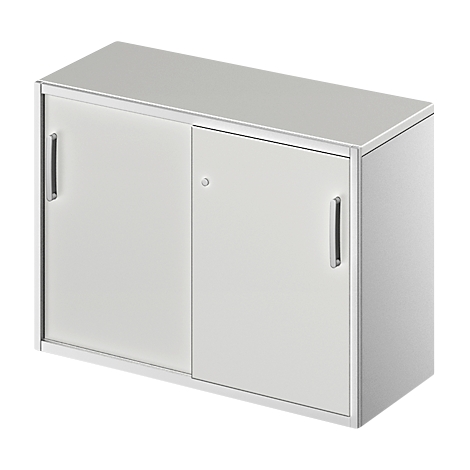 White cabinet with sliding doors and metal handles. Small keyhole and angular design.