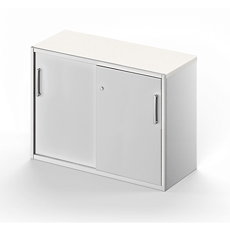 White cabinet with sliding doors. Two elongated handles. Rectangular shape, simple background.