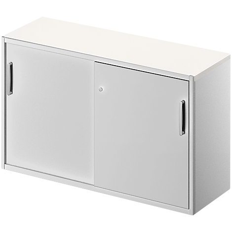 White cabinet with sliding doors and narrow handles. The cabinet is on a white background.