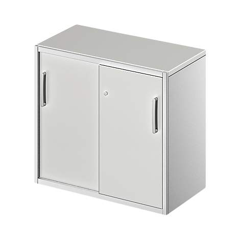 White cabinet with sliding doors and two handles.