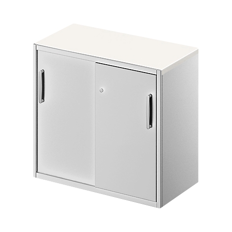 White cabinet with two sliding doors and handles.