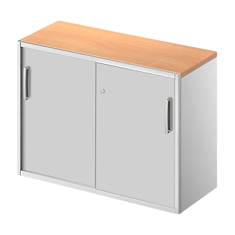 A grey cabinet with wooden top and two sliding doors with silver handles.