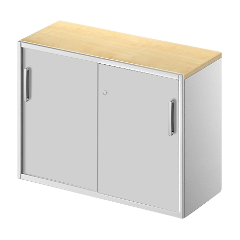 A white wall cabinet with wooden top, two sliding doors, and silver handles.
