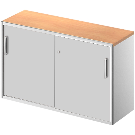 Cabinet with light grey sliding doors and wooden top.