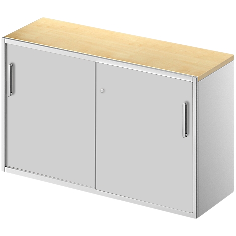 Grey cabinet with light brown wooden top and two sliding doors. Visible metal door handles.