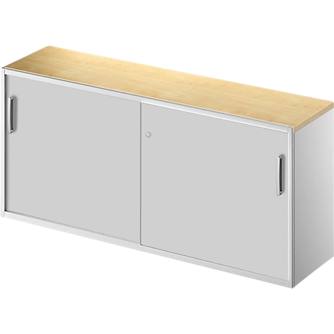 A gray, rectangular cabinet with sliding doors. The lid is made of light wood.