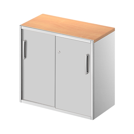 Cabinet with light doors and wooden top, silver side handles.