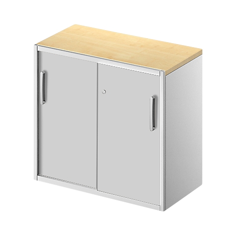 A grey cabinet with sliding doors, light wood top, and silver handles.