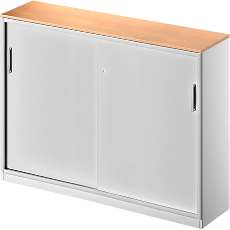 White cabinet with two sliding doors and a wooden top. Black handles. The doors are slightly open.