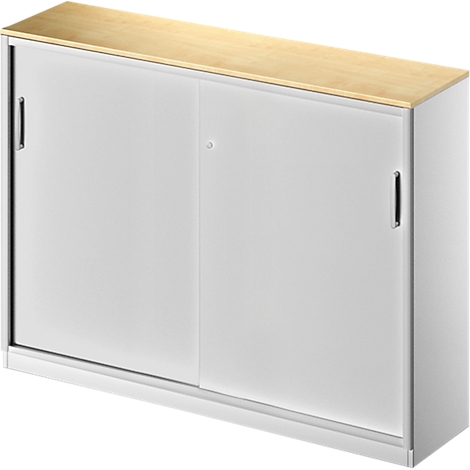 White cabinet with sliding doors and wooden top.