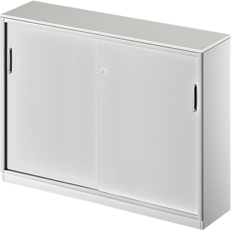 White cabinet with two sliding doors. The handles are black.