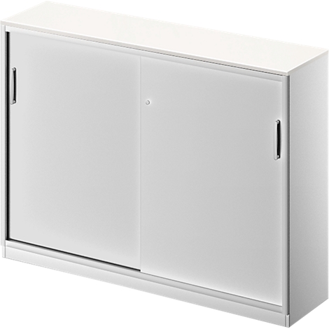 White cabinet with sliding doors and handles. The cabinet is slightly slanted in the image.