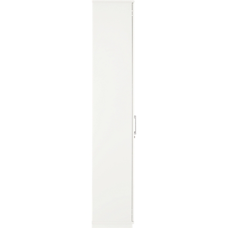 Una puerta blanca con un diseño simple, sobre un fondo neutro.