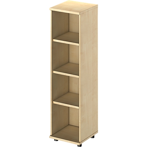 A tall, light wood cabinet with four shelves. Standing on a black base.