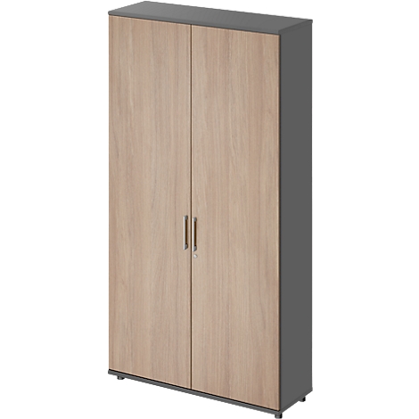 Wooden-look cabinet. Gray frame, two doors with handles. On a light background.