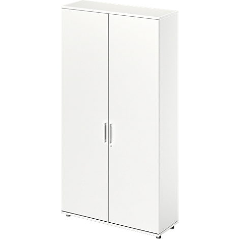 White cabinet with two doors and silver handles, on a neutral background.