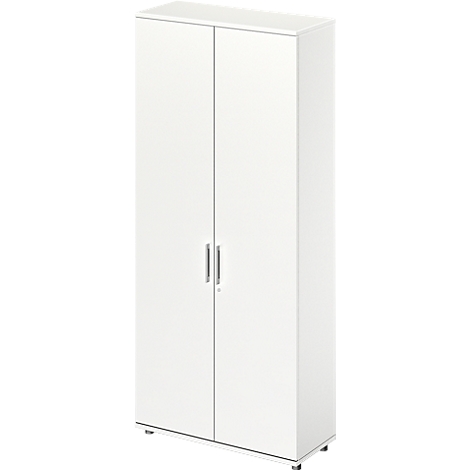 White cabinet with two doors and handles. The doors are closed.